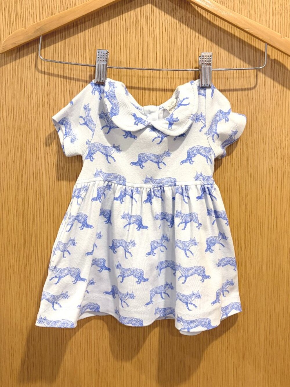 Kate Quinn Organic Cotton Peter Pan Collar Dress in Blue Fox Print, Size 3-6 M